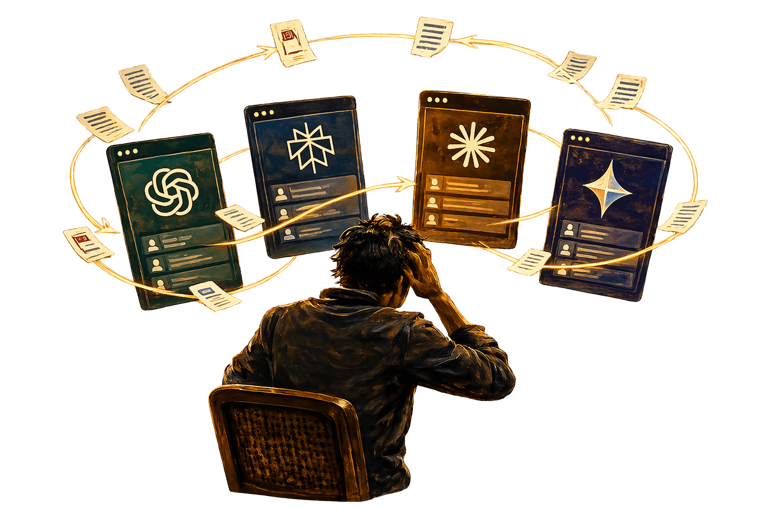 Person at desk with floating AI cards